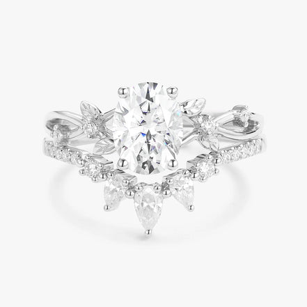 Oval Cut Moissnaite Leafy White Gold Ring Set For Women