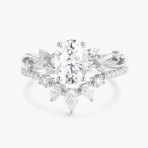 Oval Cut Moissnaite Leafy White Gold Ring Set For Women