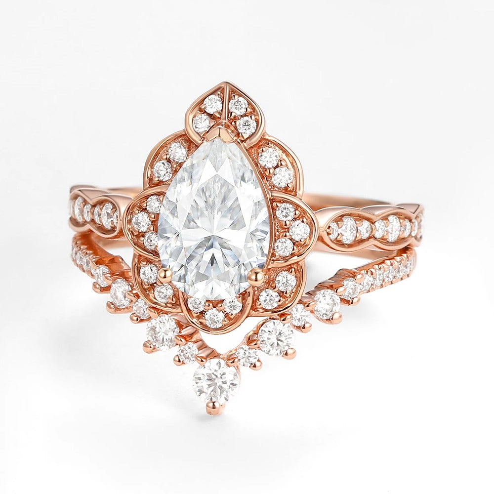 D Color Moissanite Floral Pear Cut Wedding Ring Set For Bride