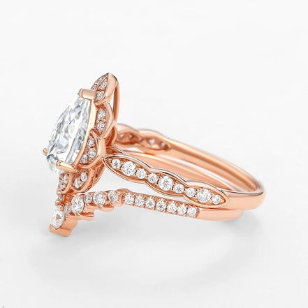 D Color Moissanite Floral Pear Cut Wedding Ring Set For Bride