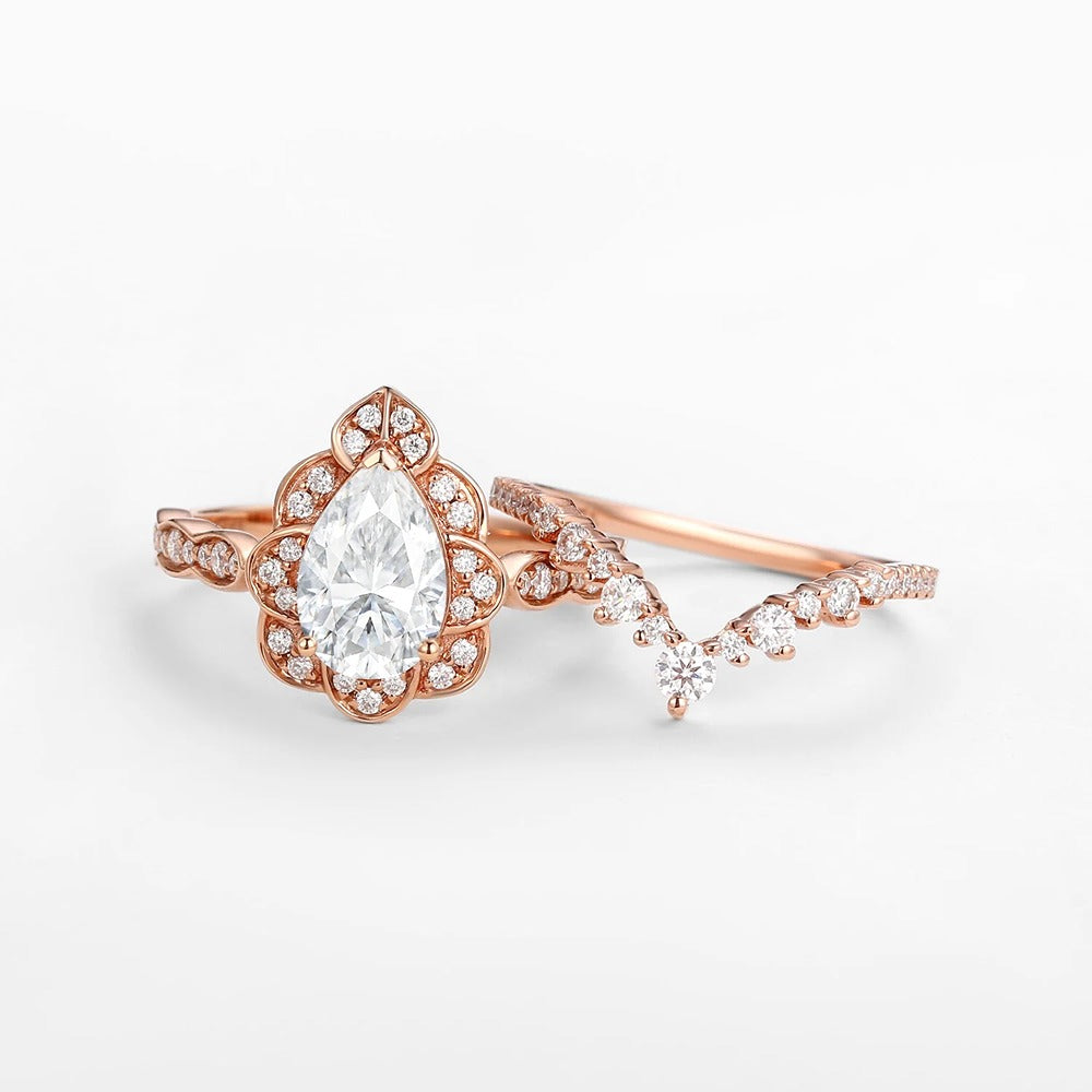 D Color Moissanite Floral Pear Cut Wedding Ring Set For Bride