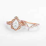 D Color Moissanite Floral Pear Cut Wedding Ring Set For Bride