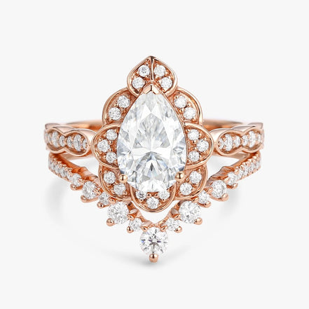 D Color Moissanite Floral Pear Cut Wedding Ring Set For Bride