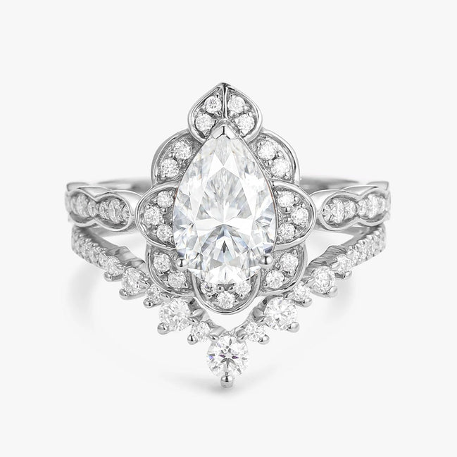 D Color Moissanite Floral Pear Cut Wedding Ring Set For Bride