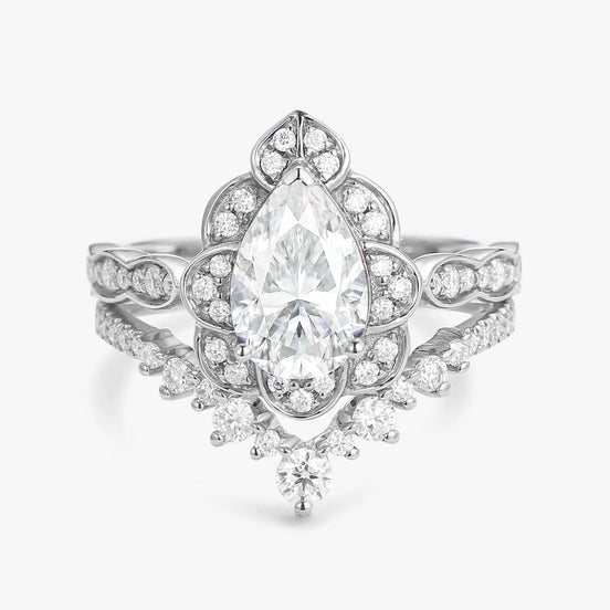 D Color Moissanite Floral Pear Cut Wedding Ring Set For Bride