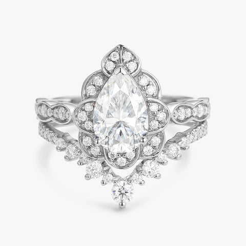 D Color Moissanite Floral Pear Cut Wedding Ring Set For Bride