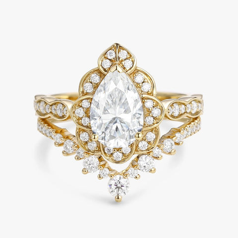 D Color Moissanite Floral Pear Cut Wedding Ring Set For Bride