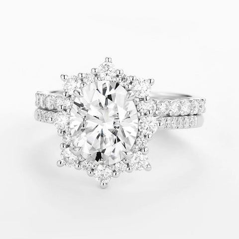 Lab Created Moissanite Oval Cut Floral Halo Ring Set For Women