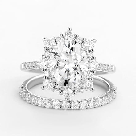 Moissanite Oval Cut Floral Halo Ring Set For Women