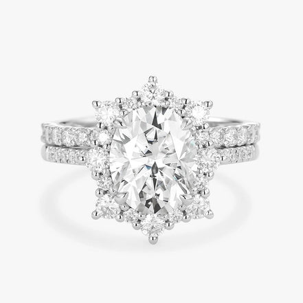Moissanite Oval Cut Floral Halo Ring Set For Women