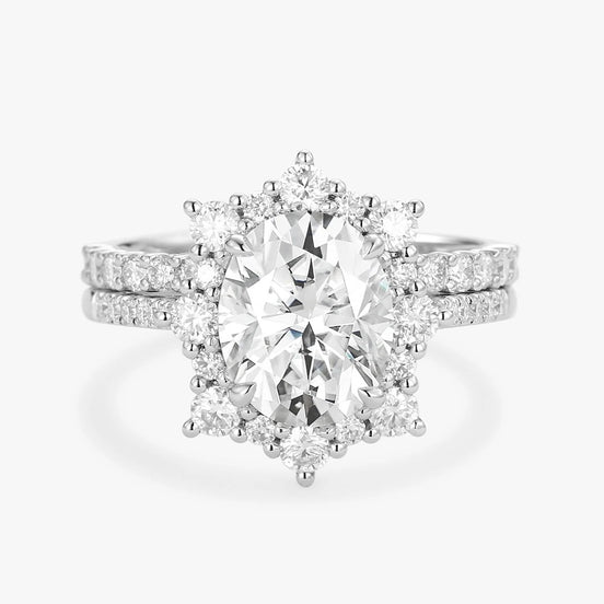 Moissanite Oval Cut Floral Halo Ring Set For Women