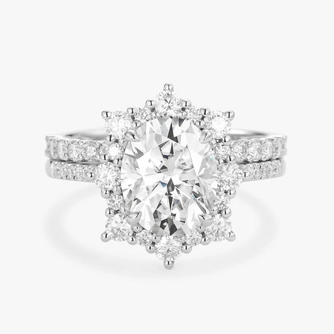 Lab Created Moissanite Oval Cut Floral Halo Ring Set For Women
