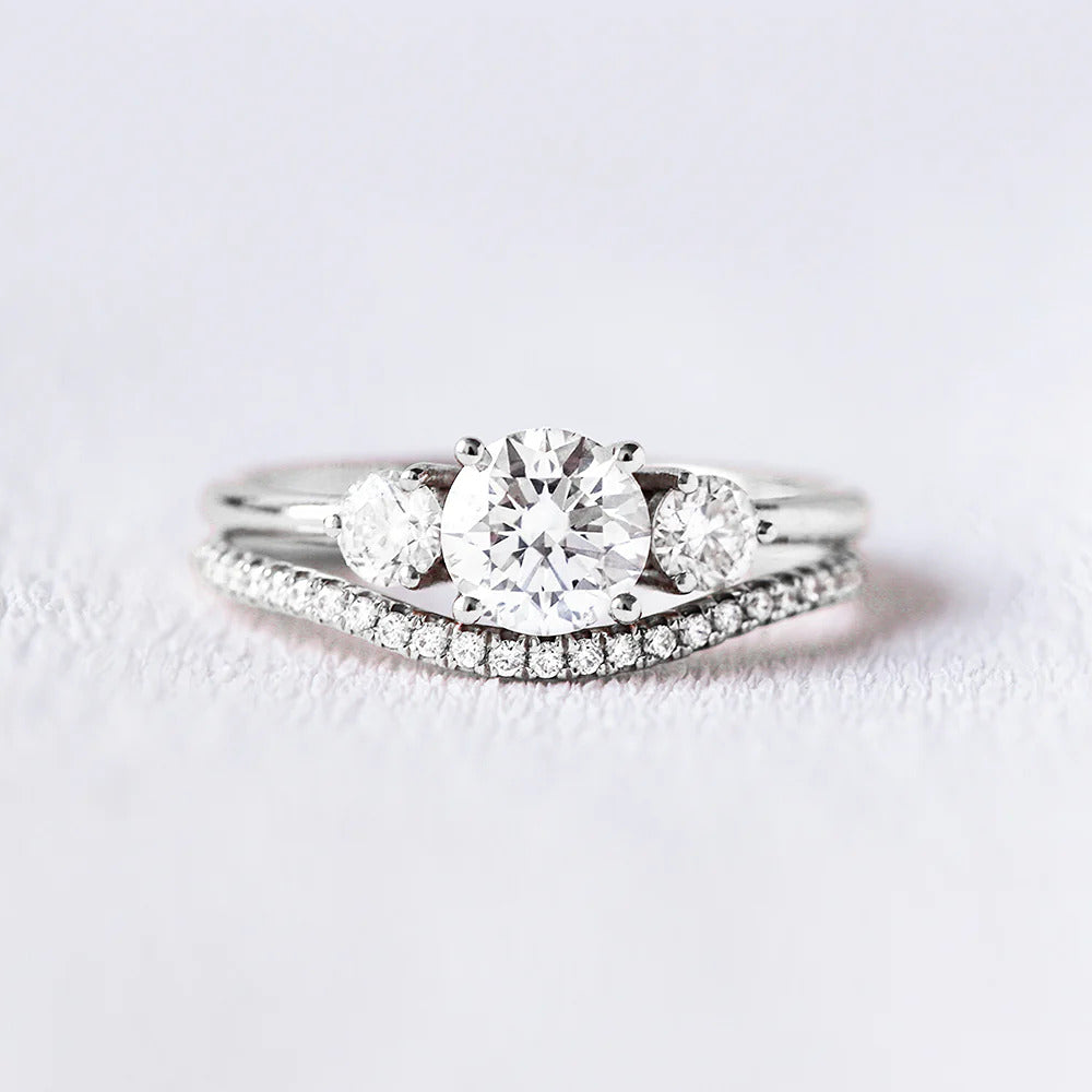 Three Stone Round Cut Moissanite Wedding Ring Set