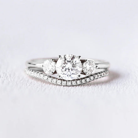 Three Stone Round Cut Moissanite Wedding Ring Set
