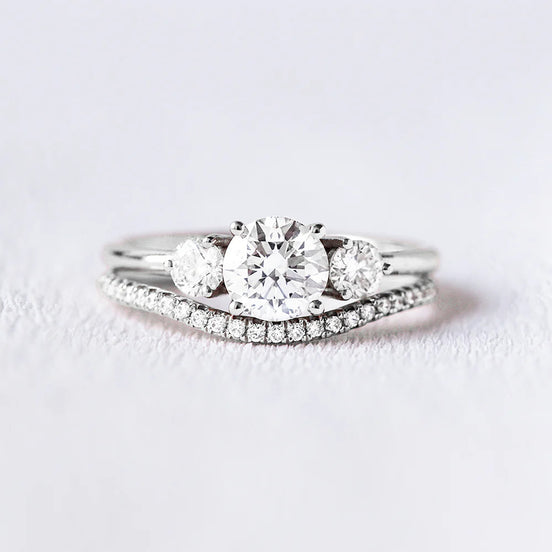 Three Stone Round Cut Moissanite Wedding Ring Set