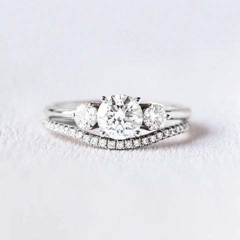 Three Stone Round Cut Moissanite Wedding Ring Set