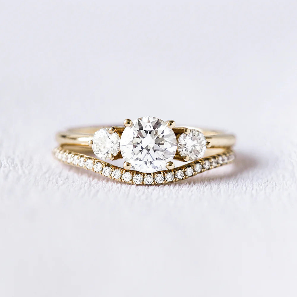 Three Stone Round Cut Moissanite Wedding Ring Set
