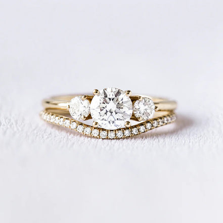 Three Stone Round Cut Moissanite Wedding Ring Set