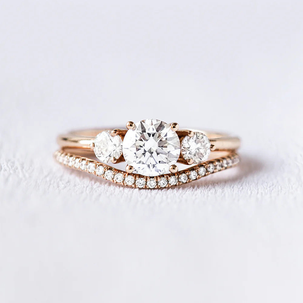 Three Stone Round Cut Moissanite Wedding Ring Set