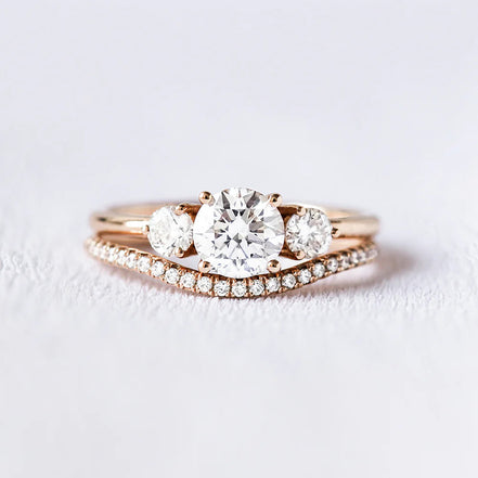 Three Stone Round Cut Moissanite Wedding Ring Set