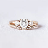 Three Stone Round Cut Moissanite Wedding Ring Set