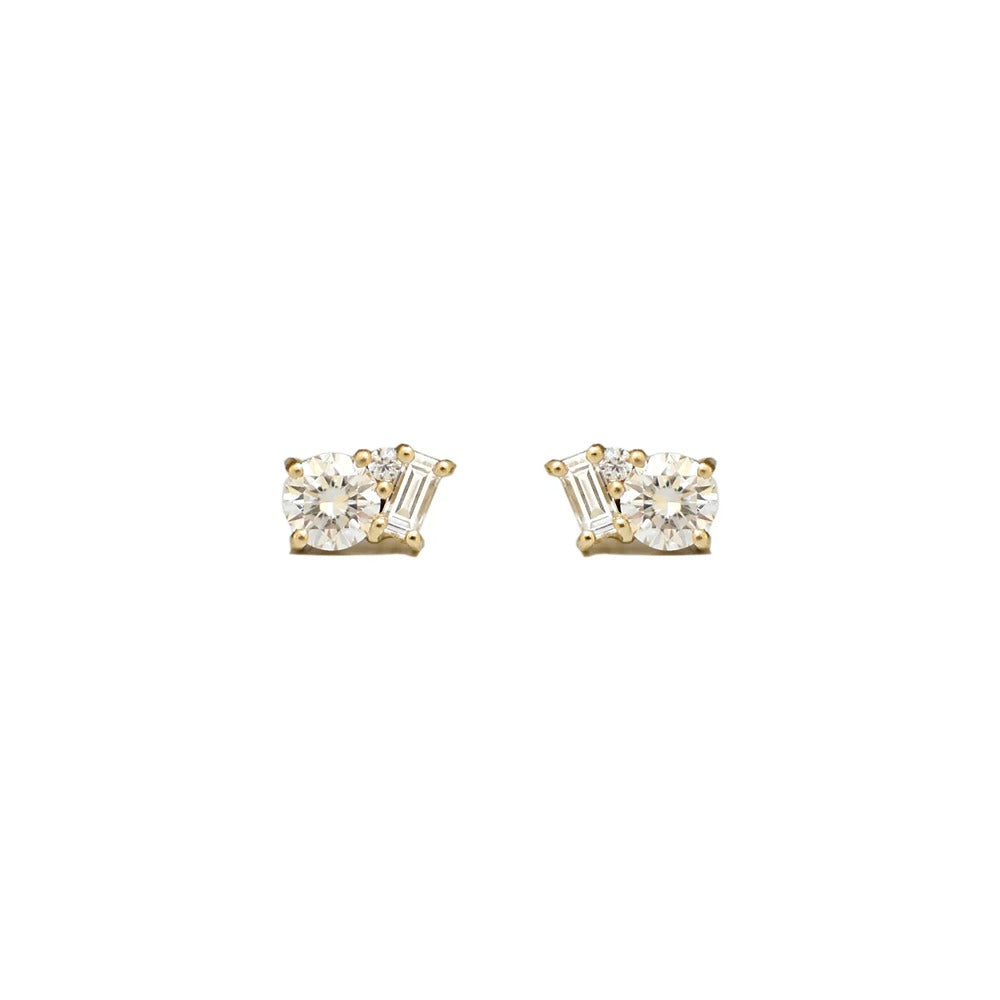 Fancy Style Moissanite Round & Baguette Cut Stud Earring