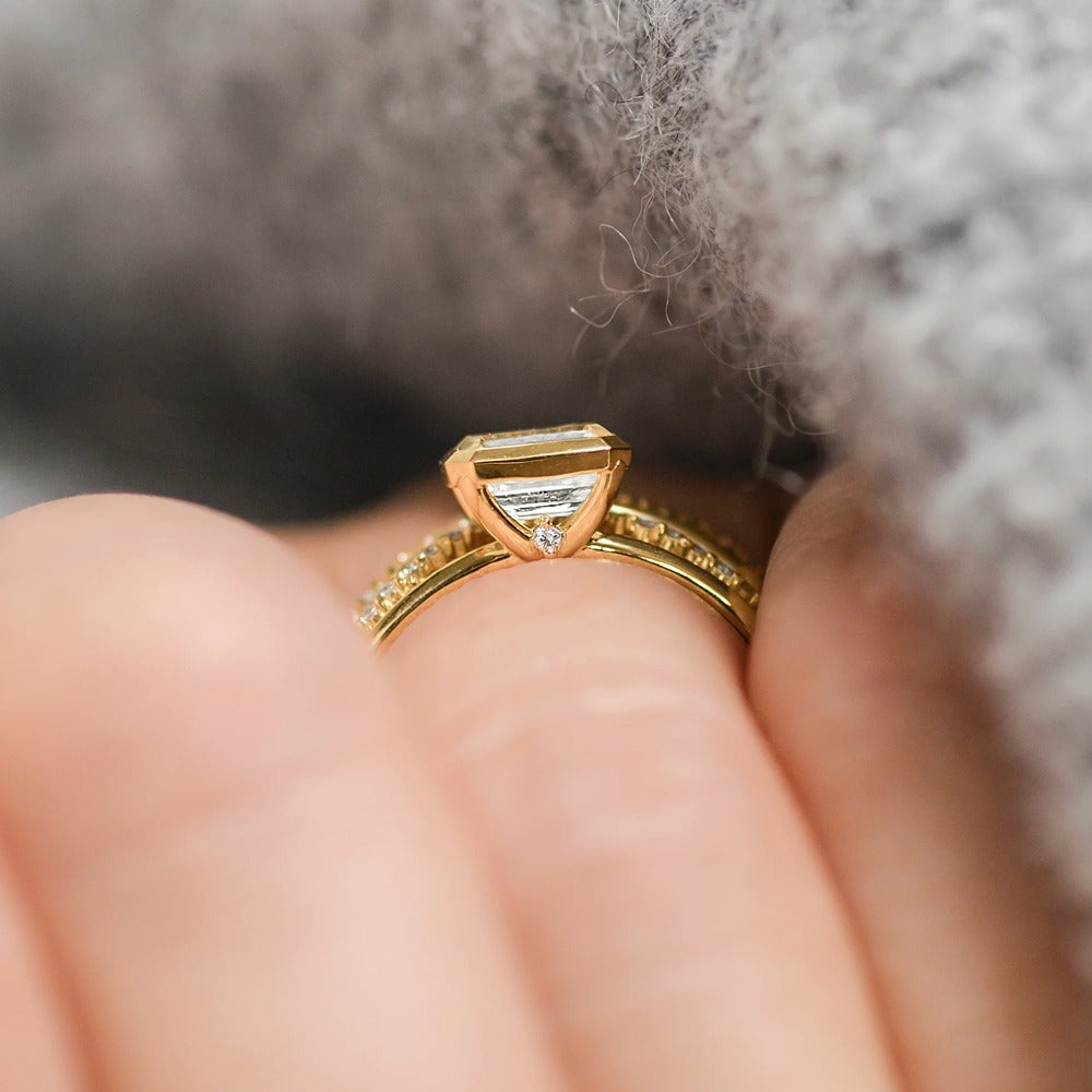 Emerald Cut Bezel Hidden Accent Moissanite Engagement Ring