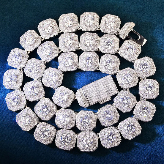 D Color Moissanite Round Cut Clustered Tennis Cuban Chain