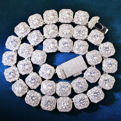 D Color Moissanite Round Cut Clustered Tennis Cuban Chain