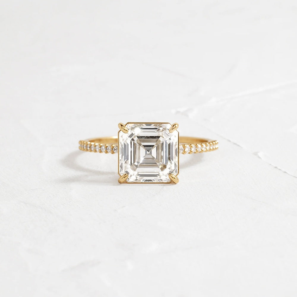 Pav Set Colorless Moissanite Asscher Cut Engagement Ring