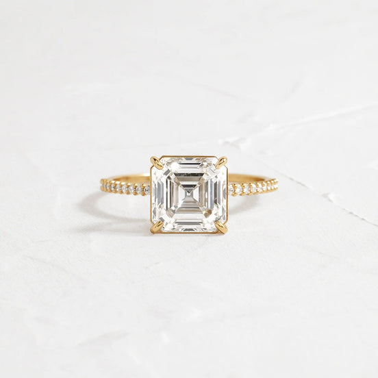 Pav Set Colorless Moissanite Asscher Cut Engagement Ring