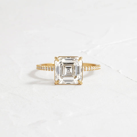 Pav Set Colorless Moissanite Asscher Cut Engagement Ring