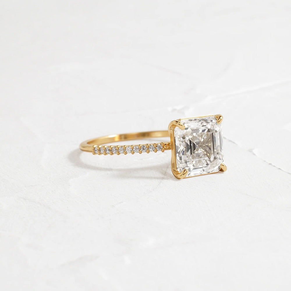Pav Set Colorless Moissanite Asscher Cut Engagement Ring