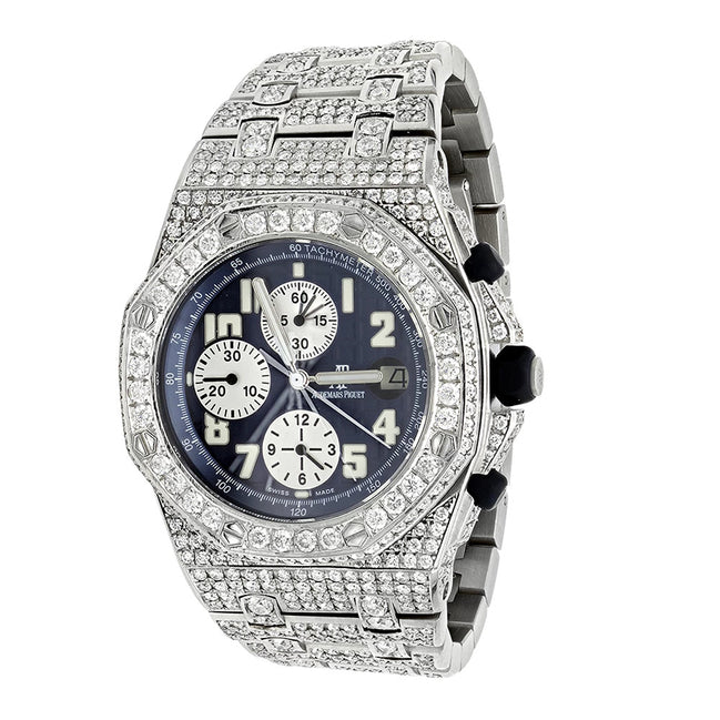 Blue Color Chrono Dial Iced Out Moissanite Watch