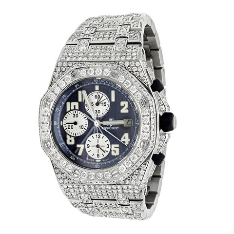 Blue Color Chrono Dial Iced Out Moissanite Watch