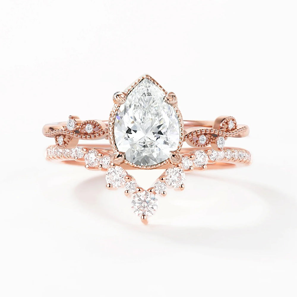 Moissanite Pear Cut  Filigree Style Wedding Ring Set