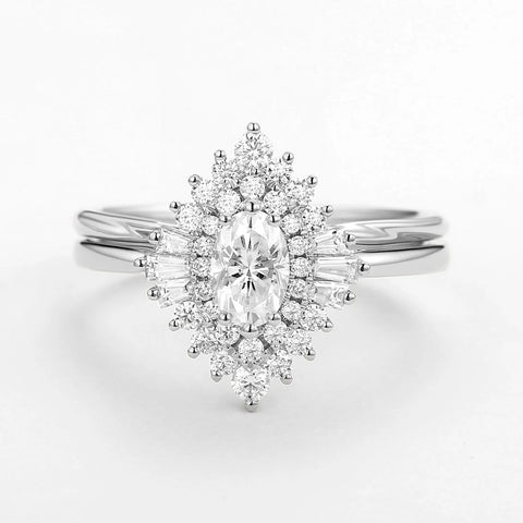 Moissanite Oval Cut Vintage Halo Bridal Ring Set For Bride