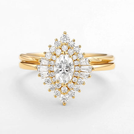 VVS1 Clarity Moissanite Oval Cut Filigree Vintage Halo Ring Set