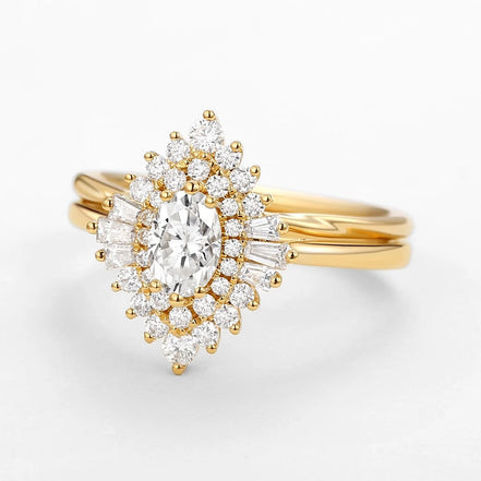 VVS1 Clarity Moissanite Oval Cut Filigree Vintage Halo Ring Set