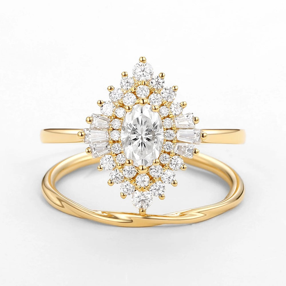 Moissanite Oval Cut Vintage Halo Bridal Ring Set For Bride