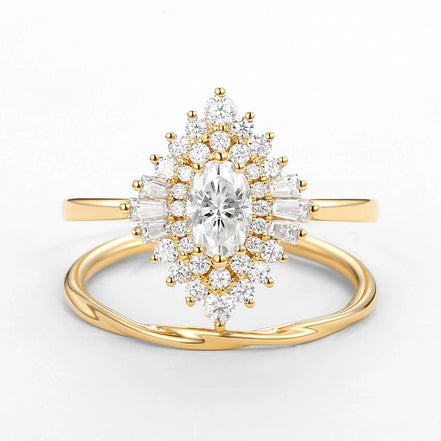 Moissanite Oval Cut Vintage Halo Bridal Ring Set For Bride