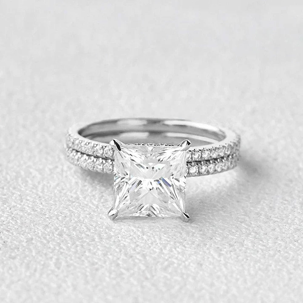 Princess Cut Hidden Halo Moissanite Ring Set For Her