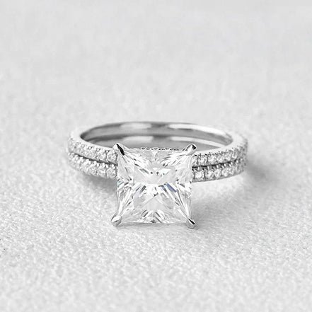 Princess Cut Hidden Halo Moissanite Ring Set For Her