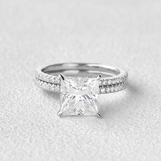 Princess Cut Hidden Halo Moissanite Ring Set For Her