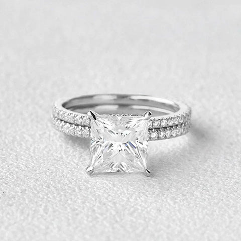 Princess Cut Hidden Halo Moissanite Ring Set For Her