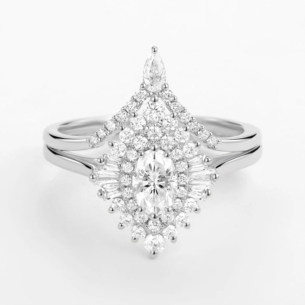 Floral Halo Oval Cut Moissanite Lab Created Wedding Ring Set