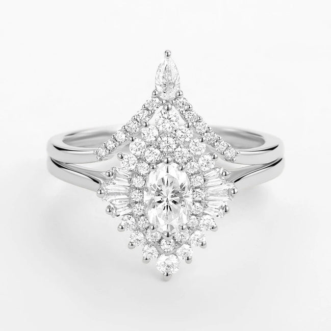 Floral Halo Oval Cut Moissanite Lab Created Wedding Ring Set
