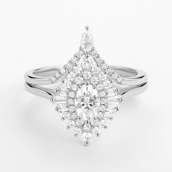 Floral Halo Oval Cut Moissanite Lab Created Wedding Ring Set