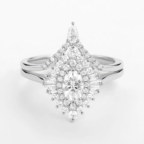 Floral Halo Oval Cut Moissanite Lab Created Wedding Ring Set