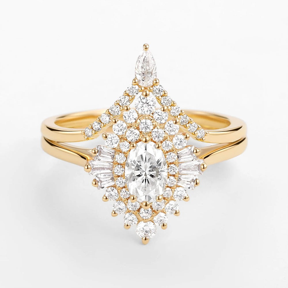 Floral Halo Oval Cut Moissanite Lab Created Wedding Ring Set